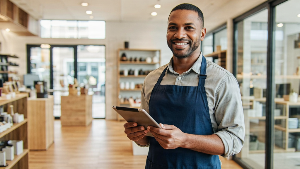 Smiling Somali male small-business owner wearing a navy-blue apron and holding a tablet inside a modern neighborhood shop.
